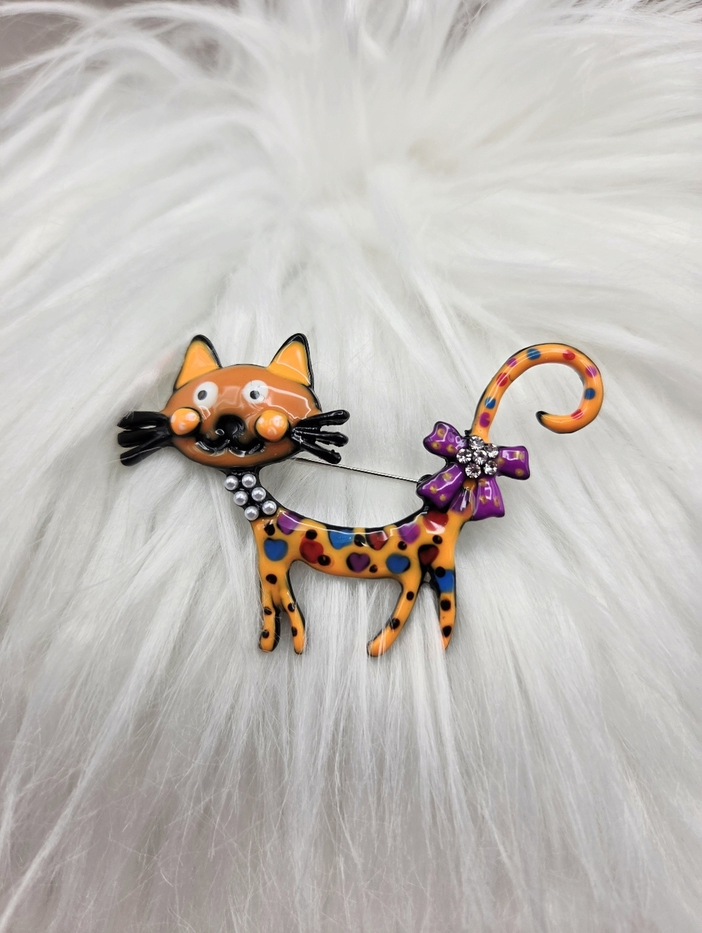 Whimsical Orange Cat Brooch with Purple Polka-Dot Bow, NWOT